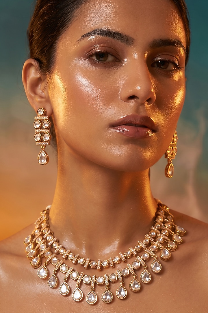 Gold Finish Moissanite Kundan Polki Necklace Set by Tussya at Pernia's Pop Up Shop