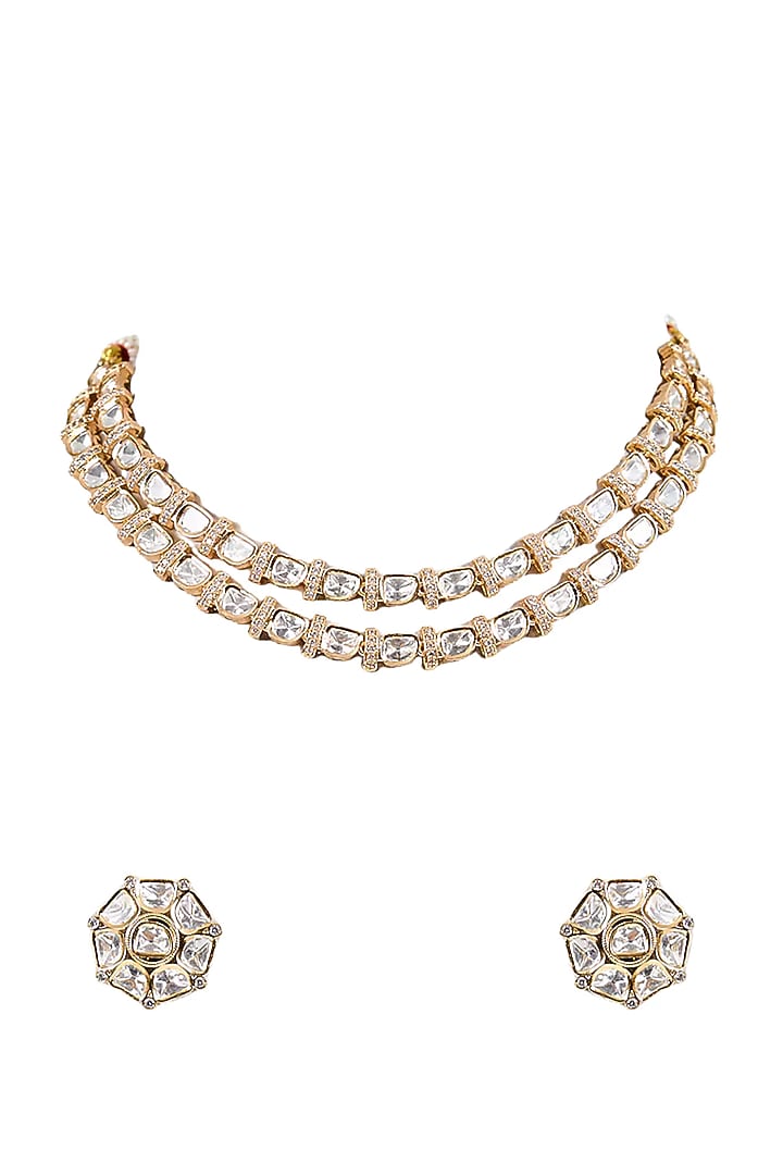 Gold Finish Moissanite Kundan Polki Necklace Set by Tussya at Pernia's Pop Up Shop