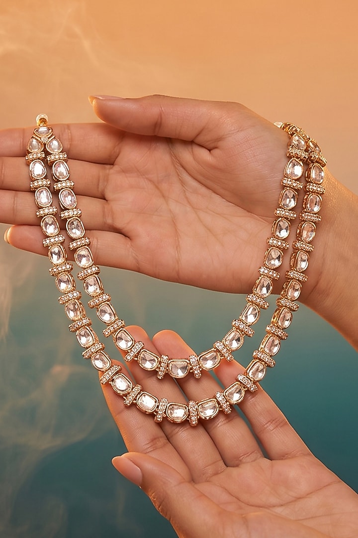 Gold Finish Moissanite Kundan Polki Necklace Set by Tussya at Pernia's Pop Up Shop