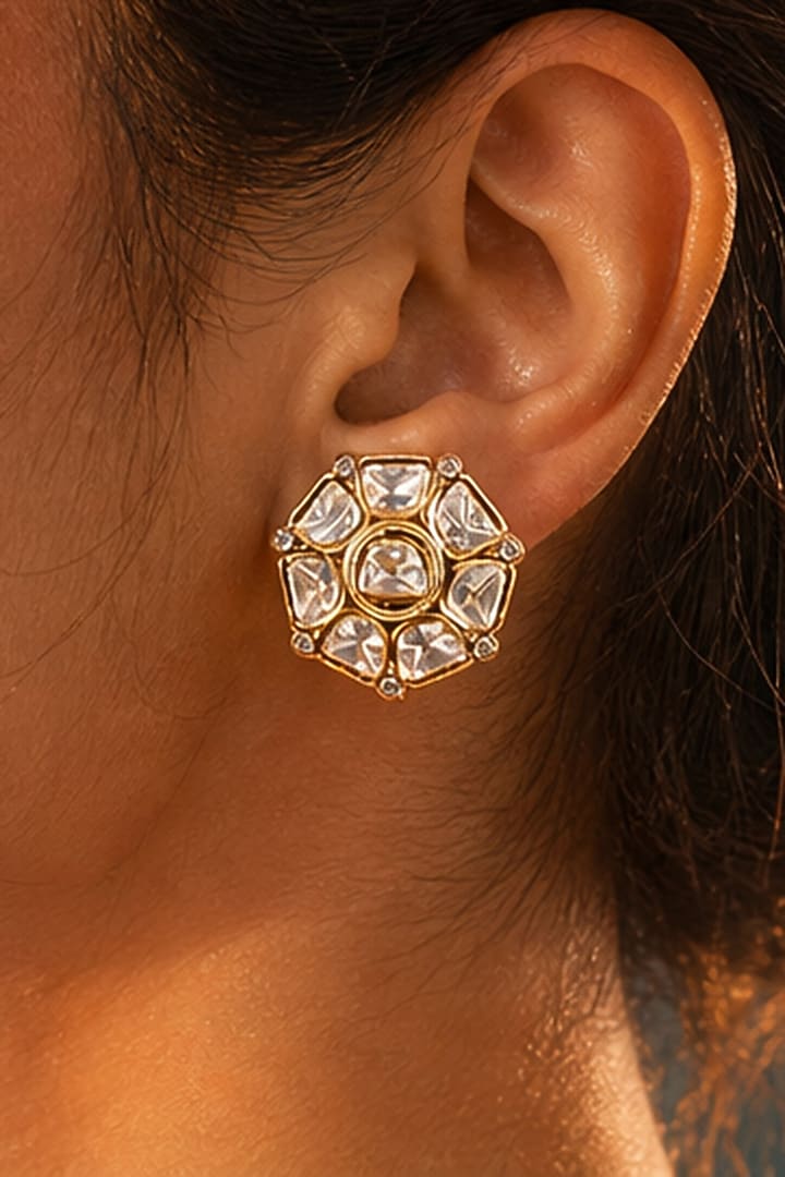 Gold Finish Moissanite Kundan Polki Necklace Set by Tussya at Pernia's Pop Up Shop