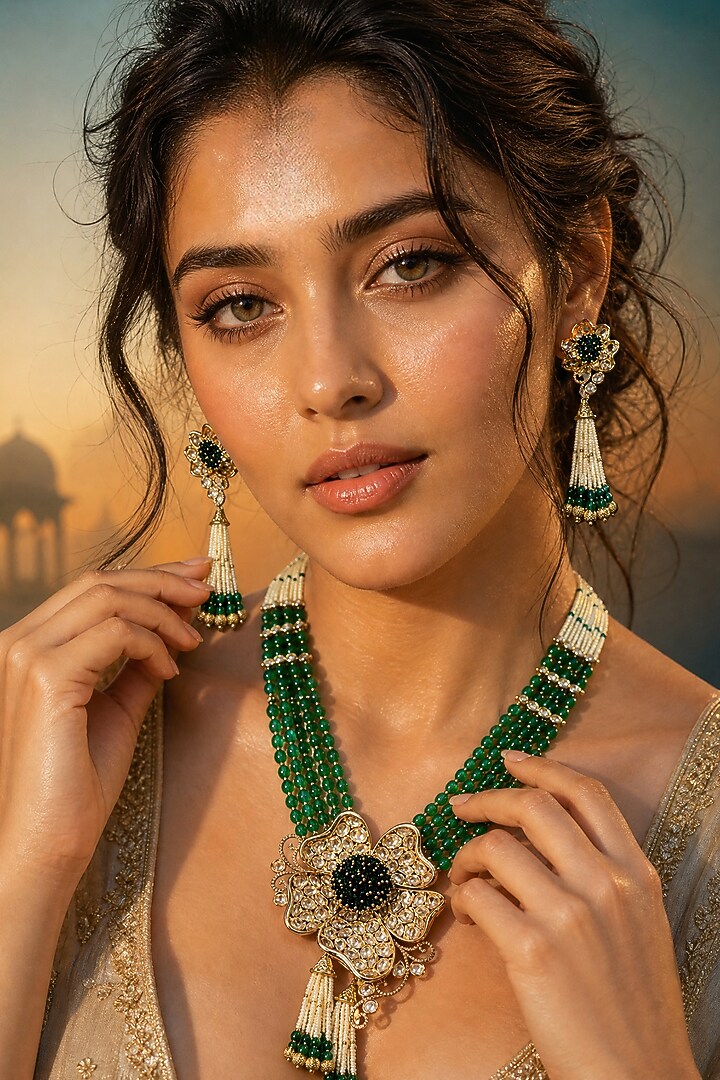 Gold Finish Kundan Polki & Green Stone Long Necklace Set by Tussya at Pernia's Pop Up Shop