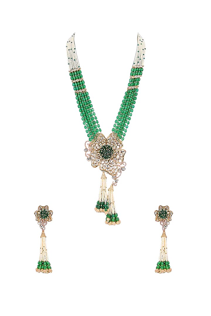 Gold Finish Kundan Polki & Green Stone Long Necklace Set by Tussya at Pernia's Pop Up Shop