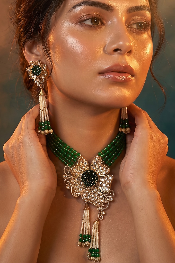 Gold Finish Kundan Polki & Green Stone Long Necklace Set by Tussya at Pernia's Pop Up Shop