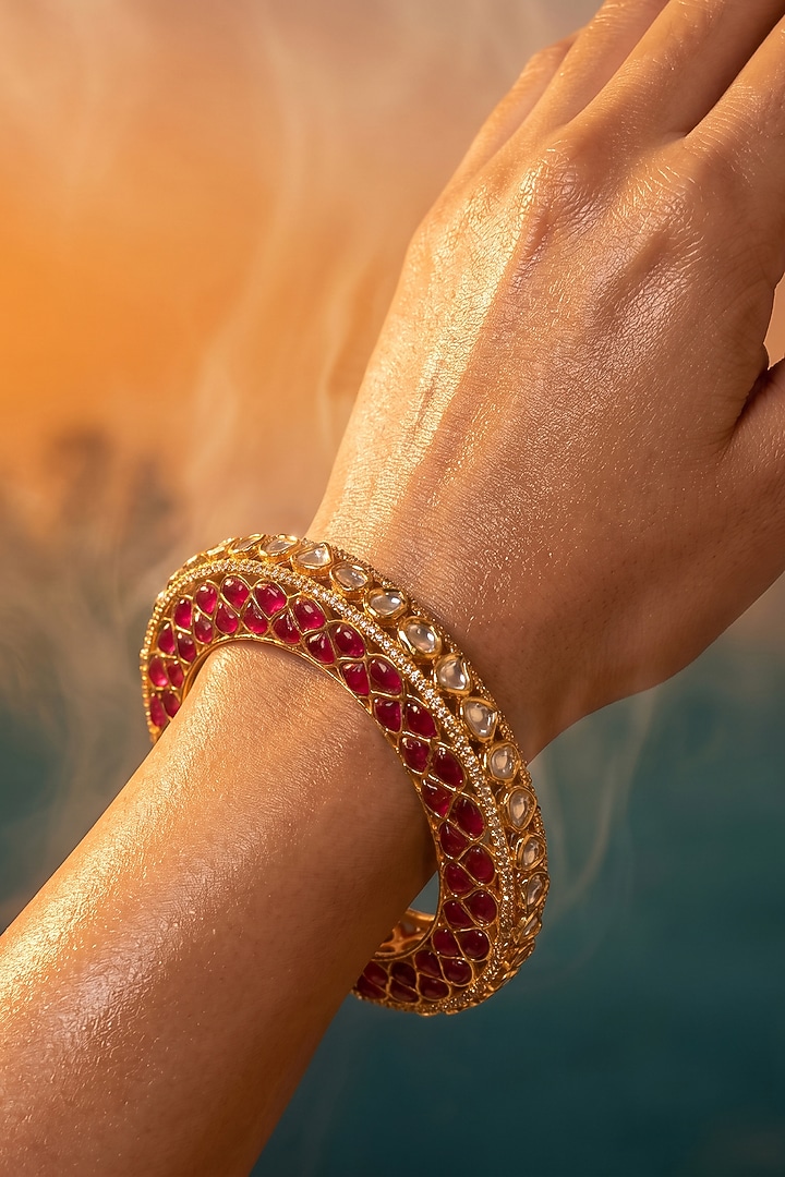 Gold Finish Kundan Polki & Ruby Stone Bangle by Tussya at Pernia's Pop Up Shop