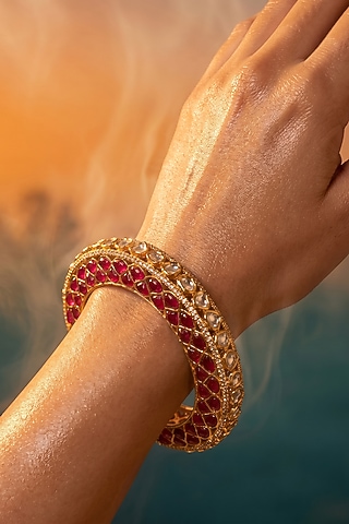 Gold Finish Kundan Polki & Ruby Stone Bangle by Tussya