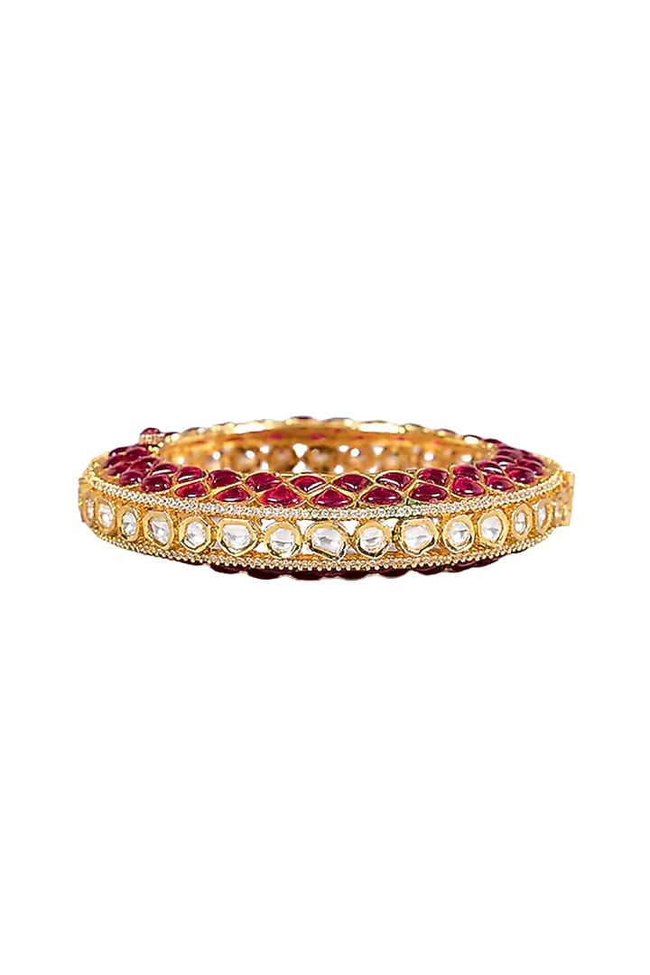 Gold Finish Kundan Polki & Ruby Stone Bangle by Tussya at Pernia's Pop Up Shop