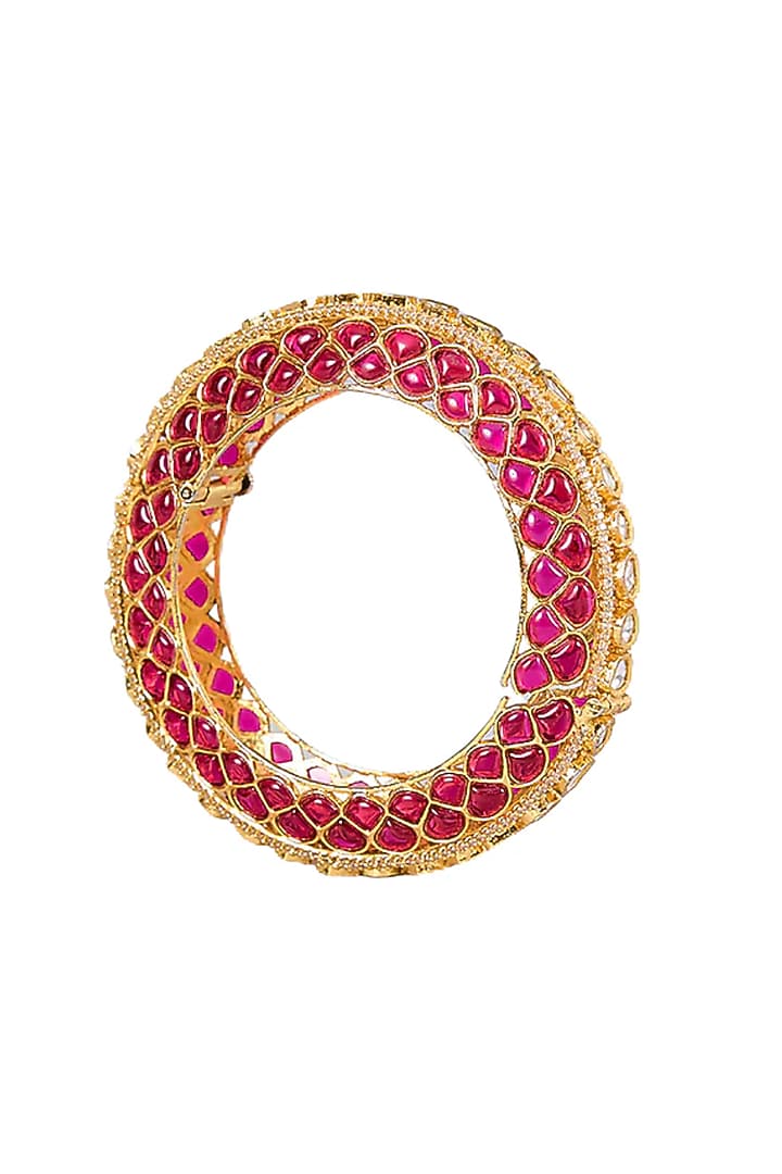 Gold Finish Kundan Polki & Ruby Stone Bangle by Tussya at Pernia's Pop Up Shop