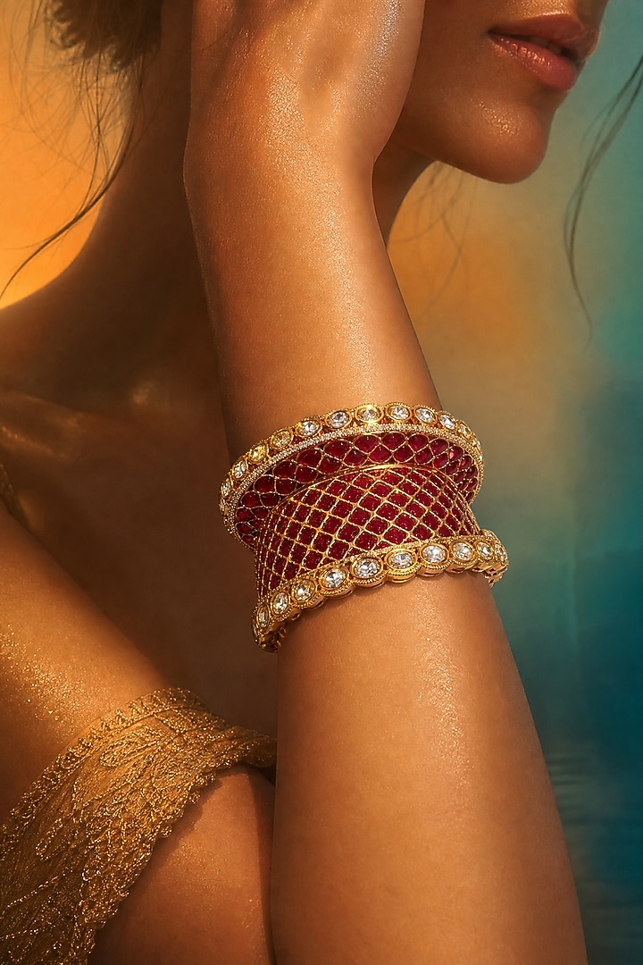 Gold Finish Kundan Polki & Ruby Stone Bangle by Tussya at Pernia's Pop Up Shop