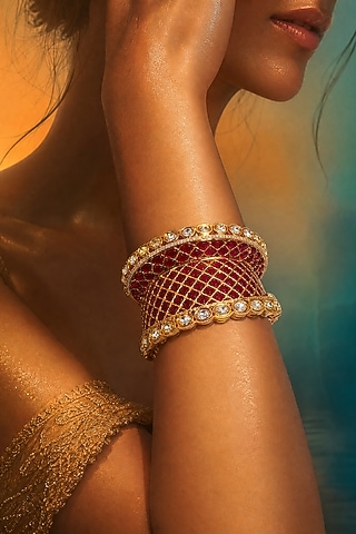 Gold Finish Kundan Polki & Ruby Stone Bangle by Tussya