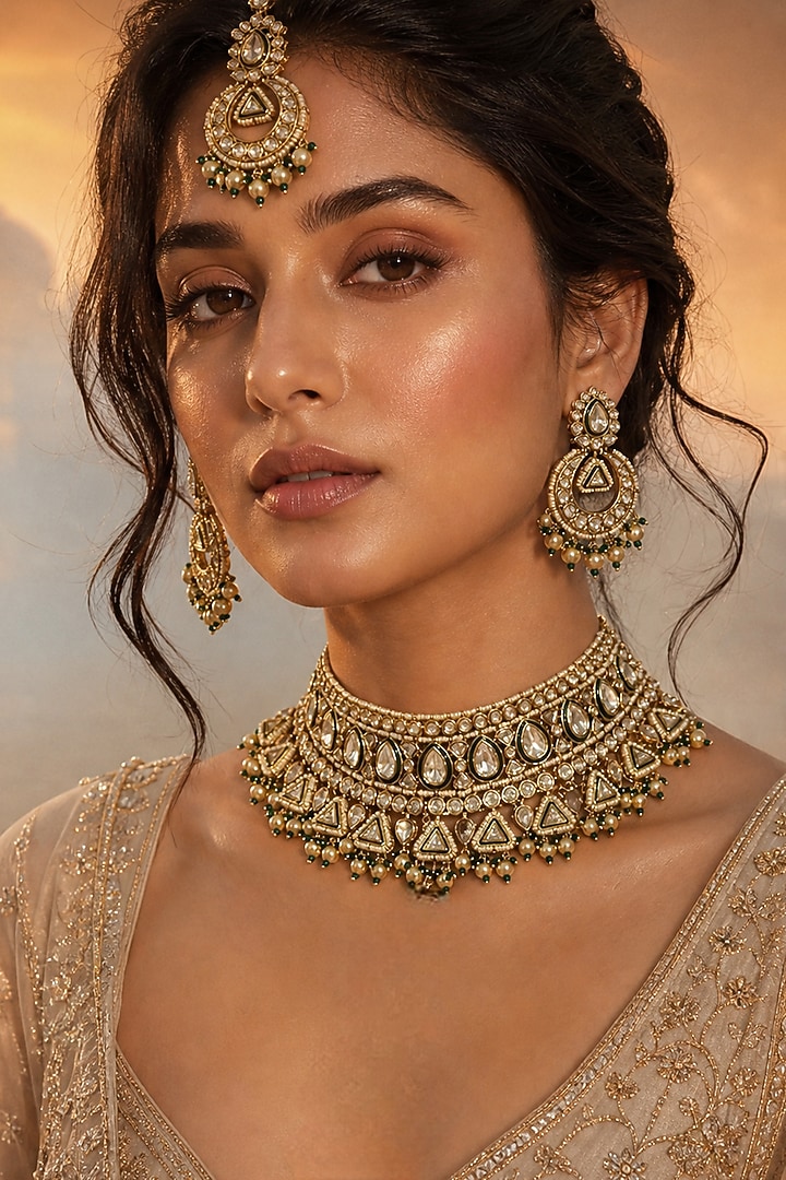 Gold Finish Kundan Polki & Green Stone Necklace Set by Tussya at Pernia's Pop Up Shop