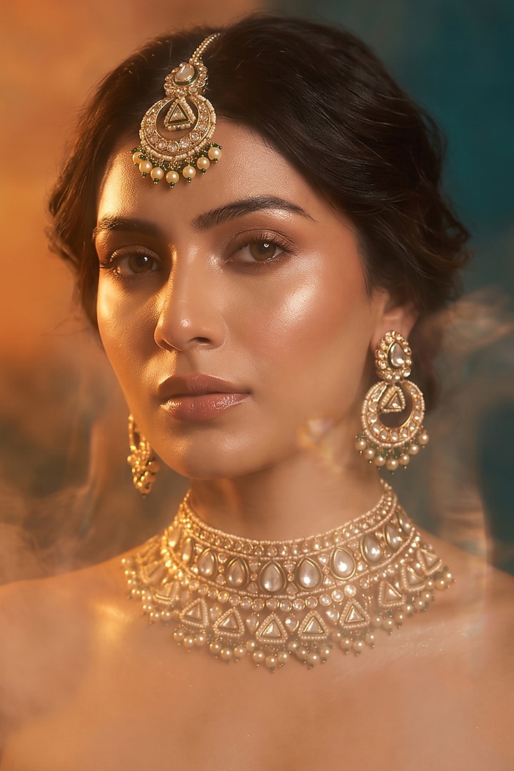 Gold Finish Kundan Polki & Green Stone Necklace Set by Tussya at Pernia's Pop Up Shop
