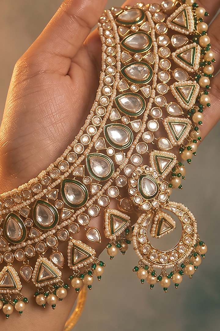 Gold Finish Kundan Polki & Green Stone Necklace Set by Tussya at Pernia's Pop Up Shop