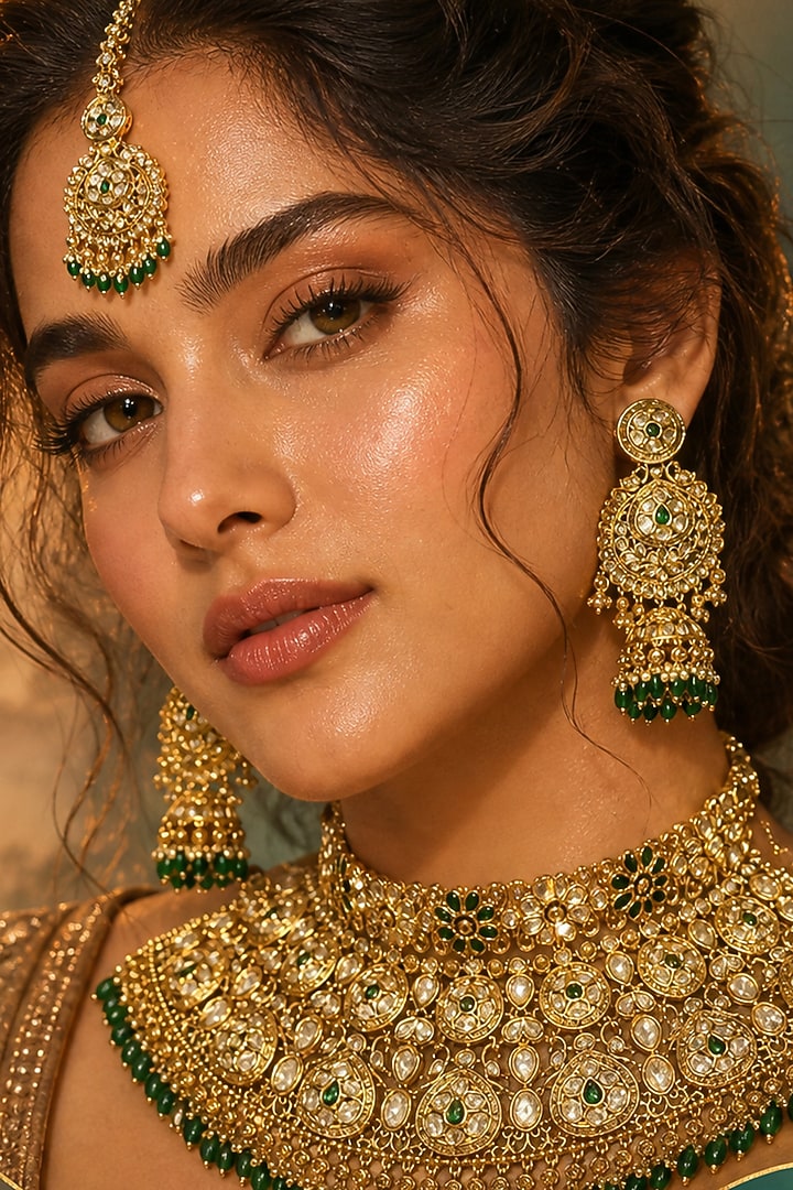 Gold Finish Kundan Polki & Green Stone Necklace Set by Tussya at Pernia's Pop Up Shop