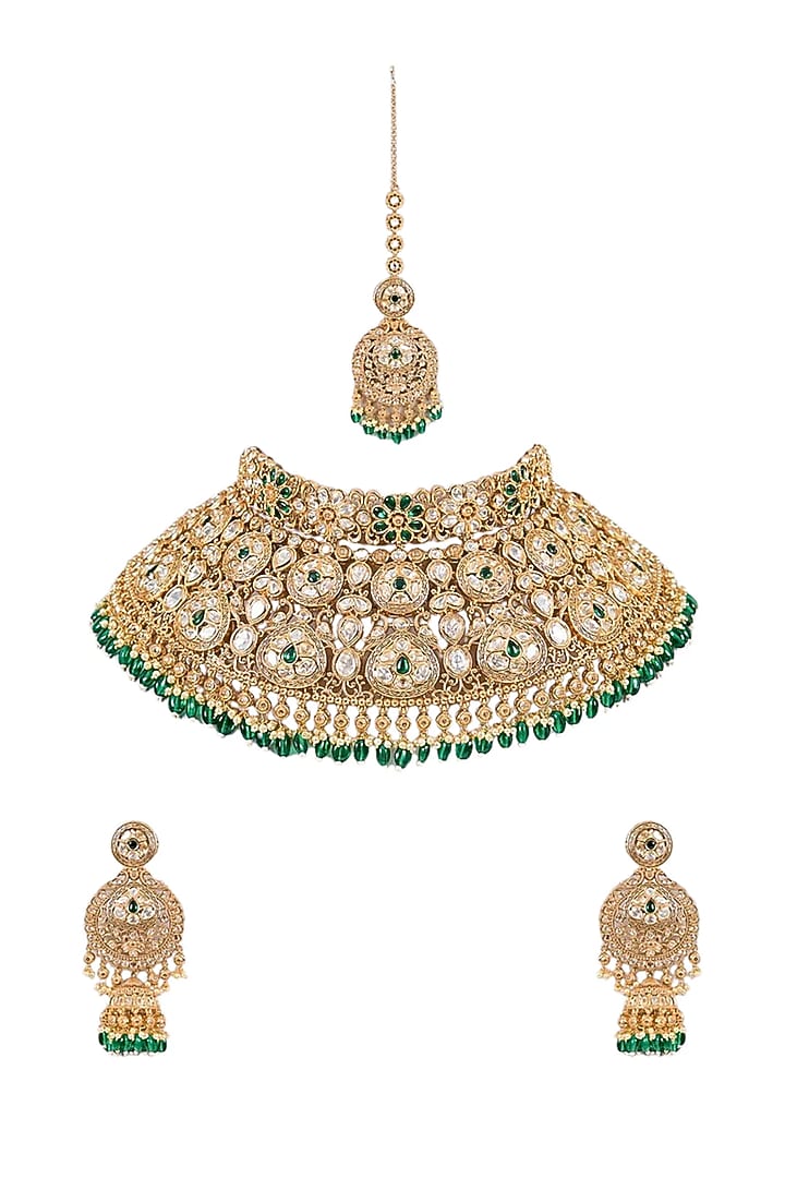 Gold Finish Kundan Polki & Green Stone Necklace Set by Tussya at Pernia's Pop Up Shop
