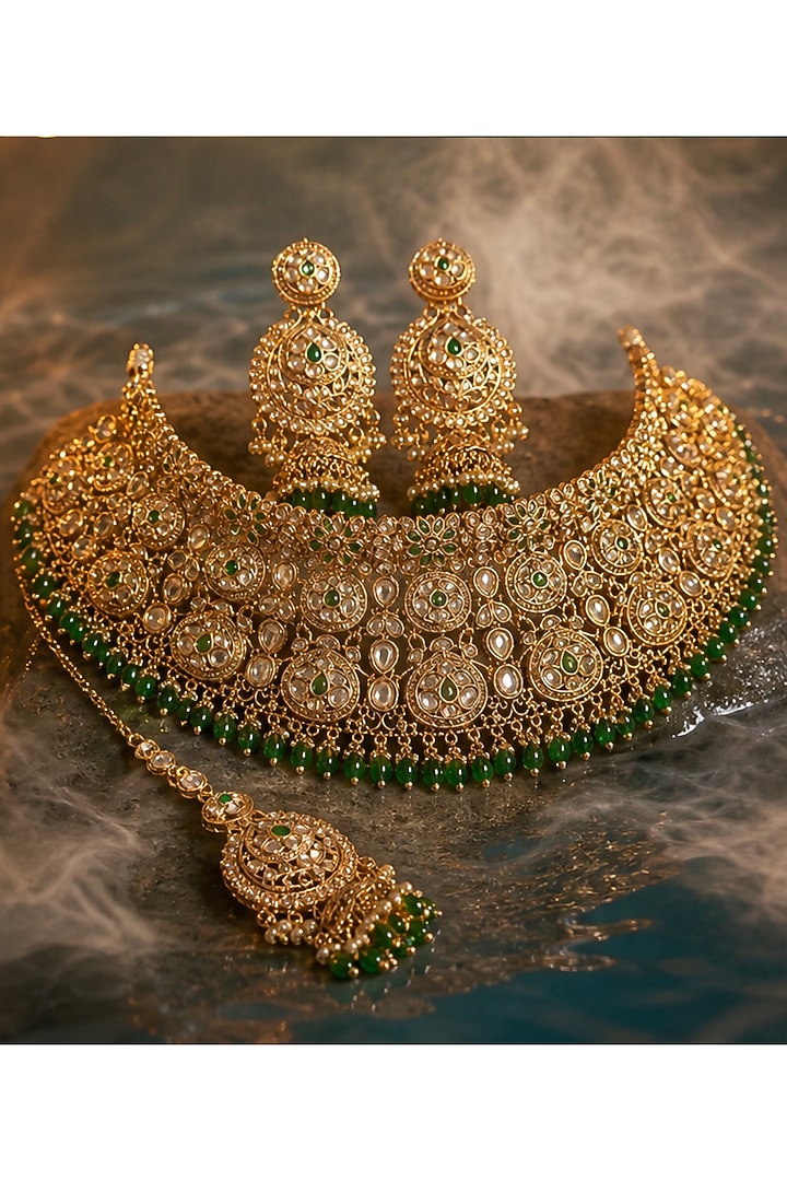Gold Finish Kundan Polki & Green Stone Necklace Set by Tussya at Pernia's Pop Up Shop