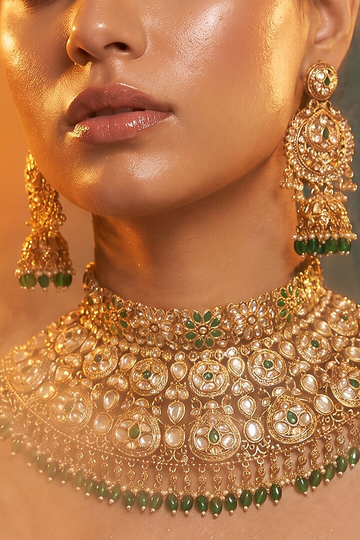 Gold Finish Kundan Polki & Green Stone Necklace Set by Tussya at Pernia's Pop Up Shop