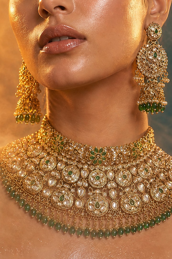 Gold Finish Kundan Polki & Green Stone Necklace Set by Tussya at Pernia's Pop Up Shop