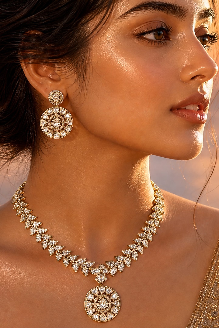 Gold Finish Moissanite Kundan Polki Necklace Set by Tussya at Pernia's Pop Up Shop