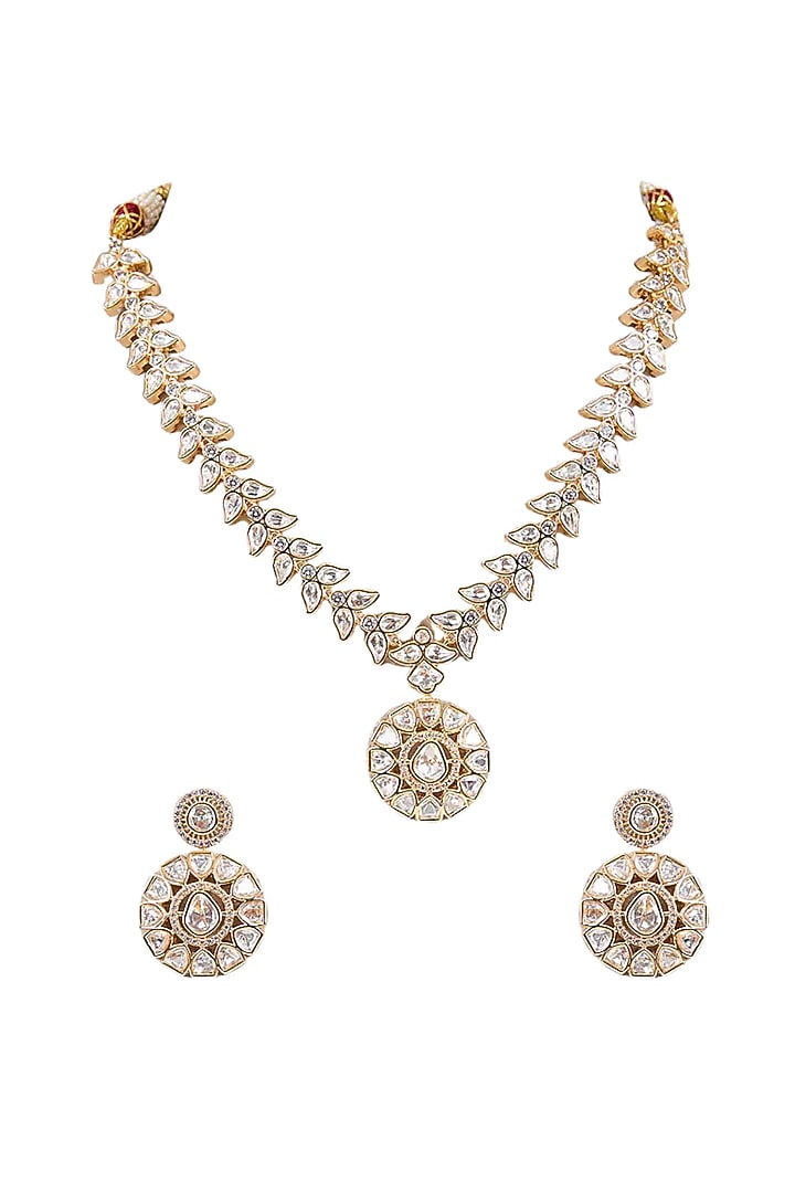 Gold Finish Moissanite Kundan Polki Necklace Set by Tussya at Pernia's Pop Up Shop