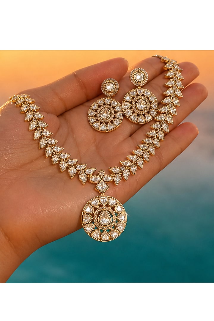 Gold Finish Moissanite Kundan Polki Necklace Set by Tussya at Pernia's Pop Up Shop