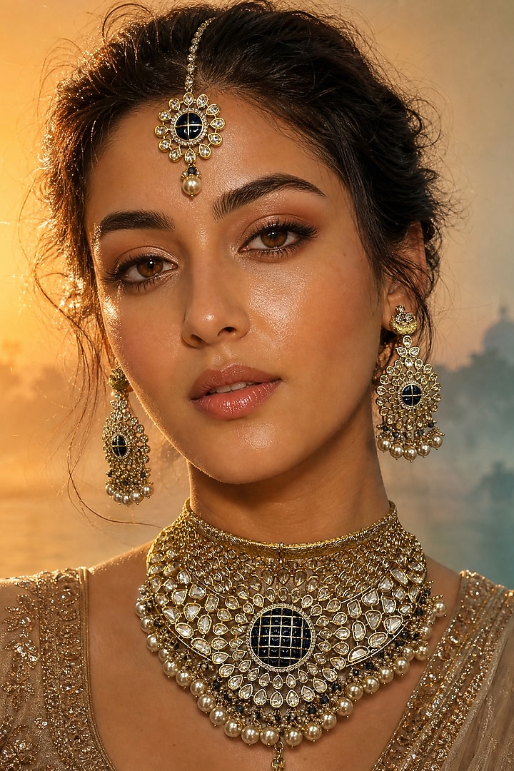 Gold Finish Kundan Polki & Black Onyx Necklace Set by Tussya at Pernia's Pop Up Shop