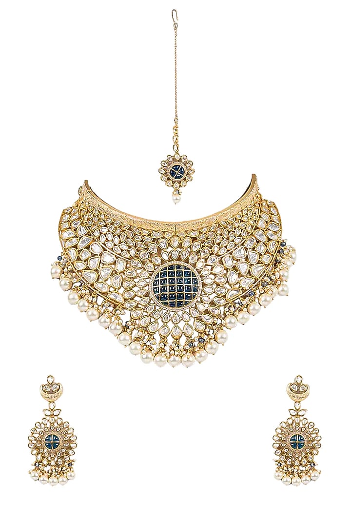 Gold Finish Kundan Polki & Black Onyx Necklace Set by Tussya at Pernia's Pop Up Shop