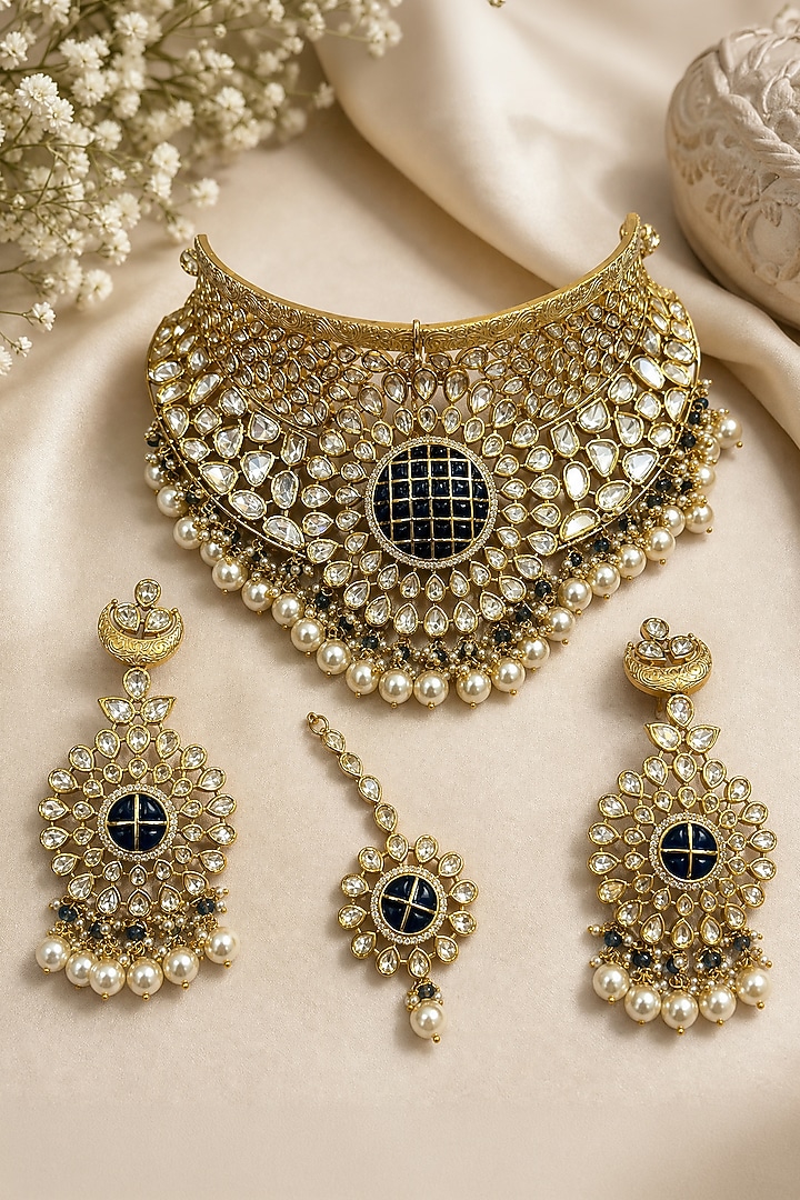 Gold Finish Kundan Polki & Black Onyx Necklace Set by Tussya at Pernia's Pop Up Shop