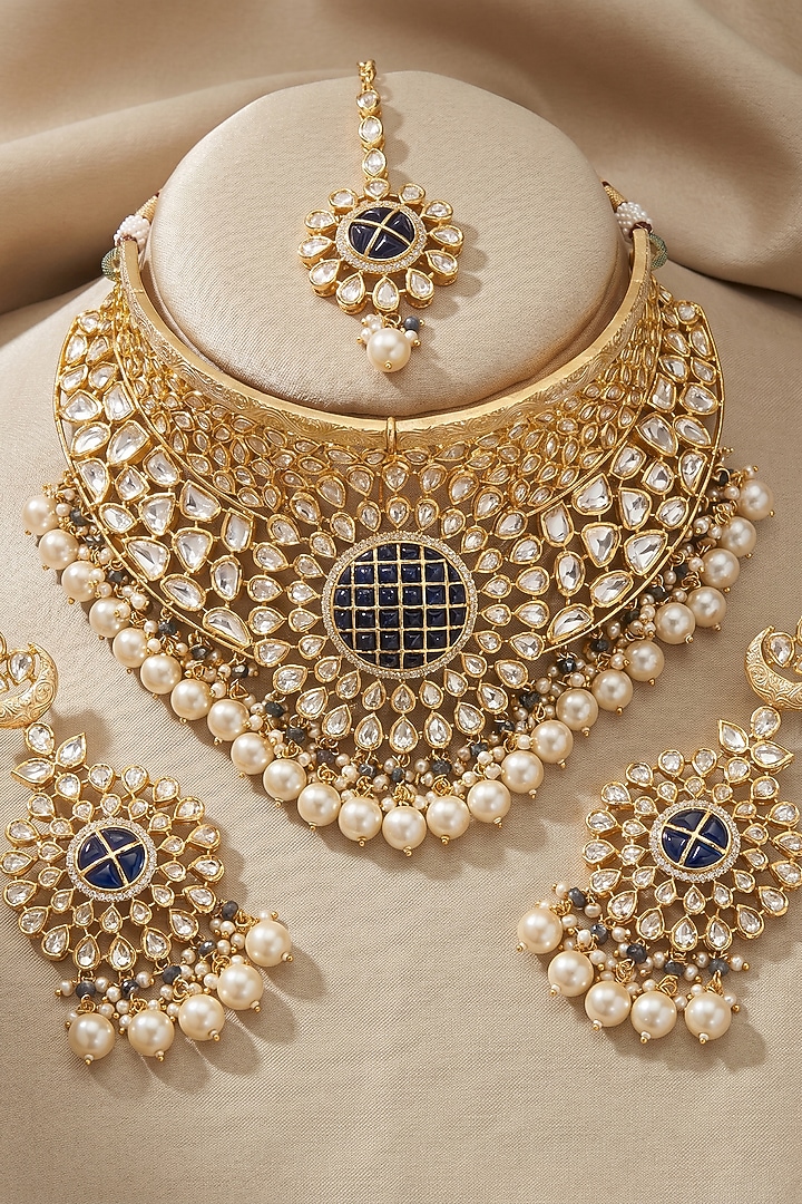 Gold Finish Kundan Polki & Black Onyx Necklace Set by Tussya at Pernia's Pop Up Shop