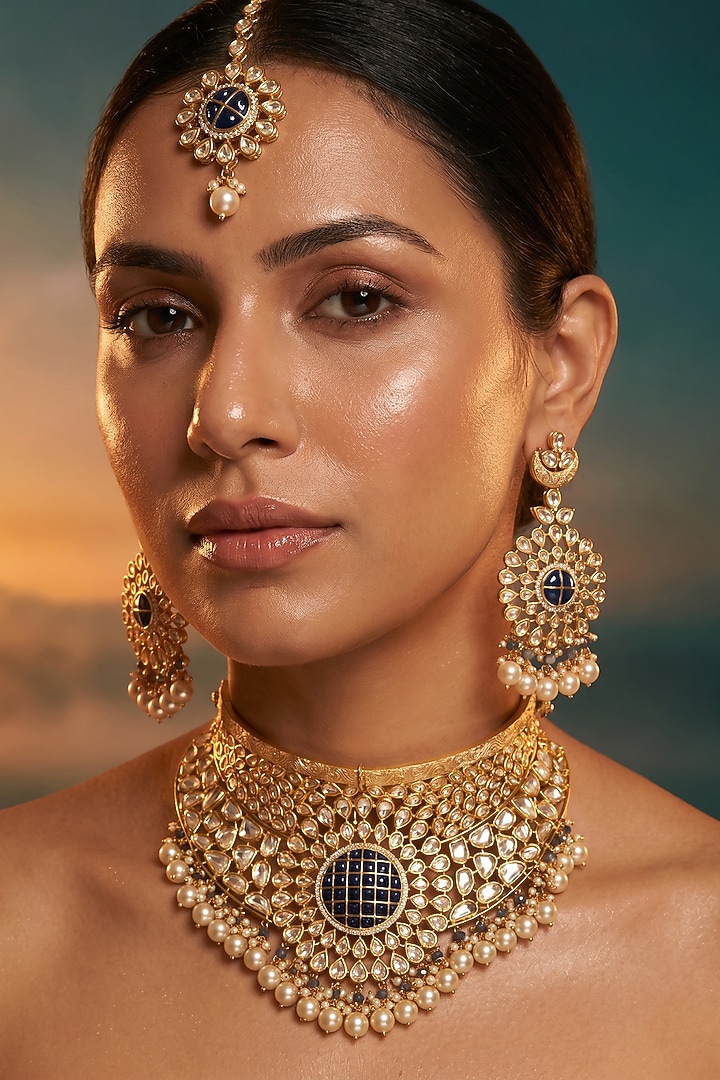 Gold Finish Kundan Polki & Black Onyx Necklace Set by Tussya at Pernia's Pop Up Shop