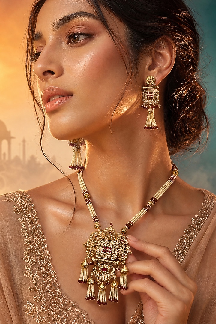 Gold Finish Pearl & Gold Stone Long Necklace Set by Tussya at Pernia's Pop Up Shop