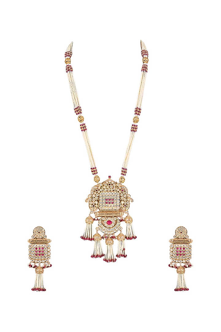 Gold Finish Pearl & Gold Stone Long Necklace Set by Tussya at Pernia's Pop Up Shop
