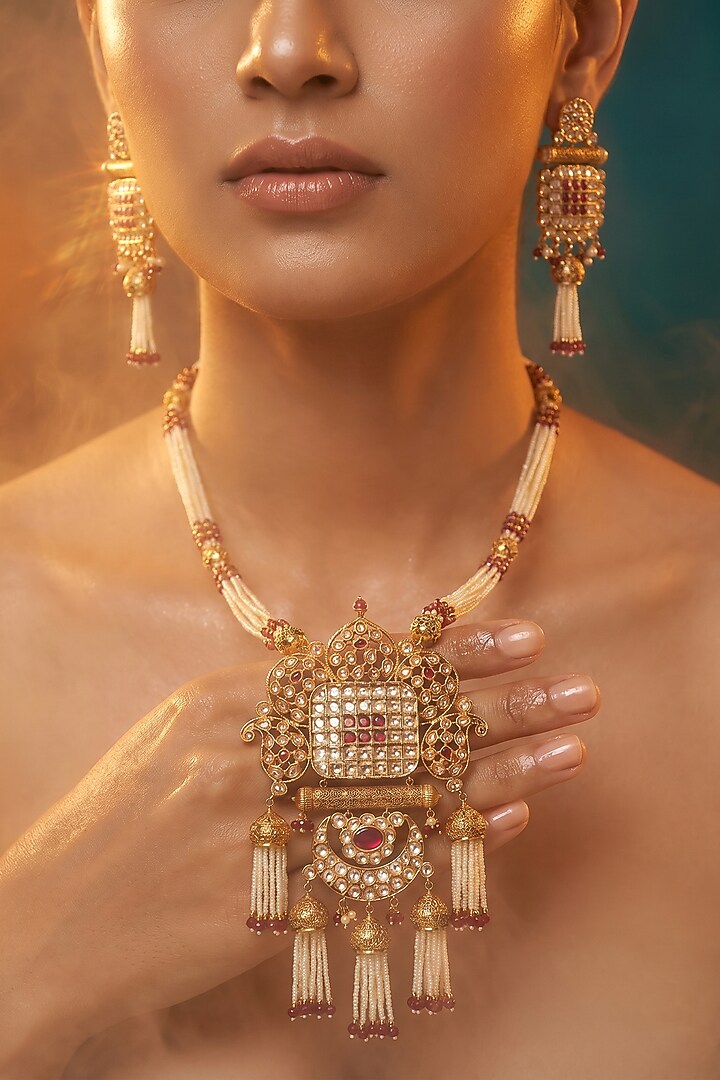 Gold Finish Pearl & Gold Stone Long Necklace Set by Tussya at Pernia's Pop Up Shop