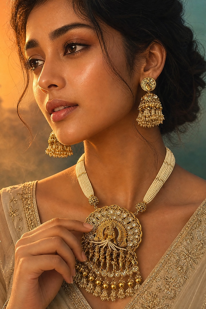 Gold Finish Kundan Polki & Ruby Stone Long Necklace Set by Tussya at Pernia's Pop Up Shop