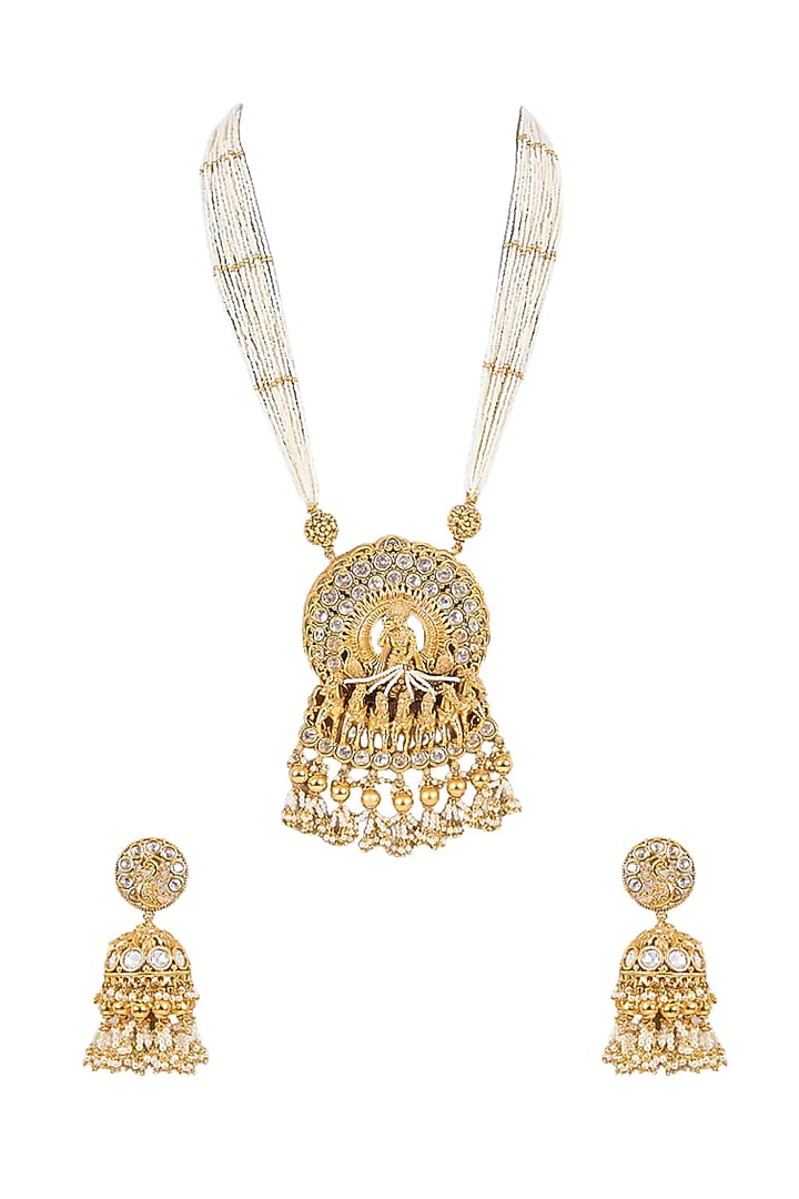 Gold Finish Kundan Polki & Ruby Stone Long Necklace Set by Tussya at Pernia's Pop Up Shop