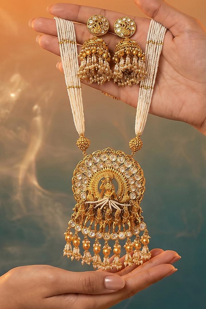 Gold Finish Kundan Polki & Ruby Stone Long Necklace Set by Tussya at Pernia's Pop Up Shop