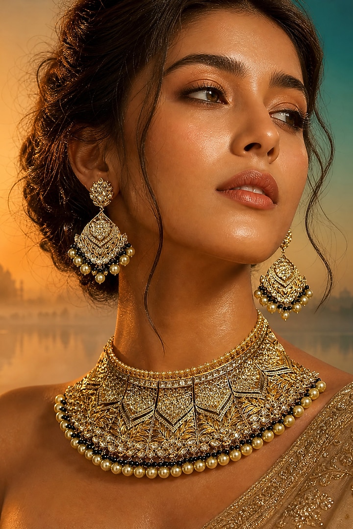 Gold Finish Kundan Polki & Pearl Necklace Set by Tussya at Pernia's Pop Up Shop