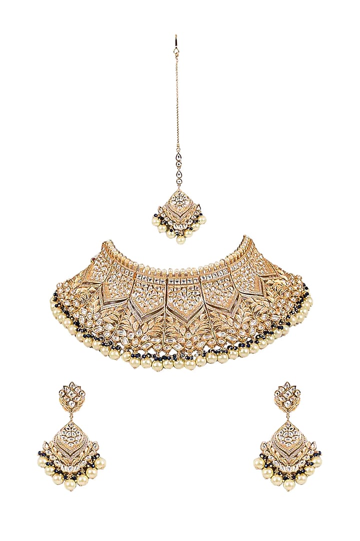 Gold Finish Kundan Polki & Pearl Necklace Set by Tussya at Pernia's Pop Up Shop