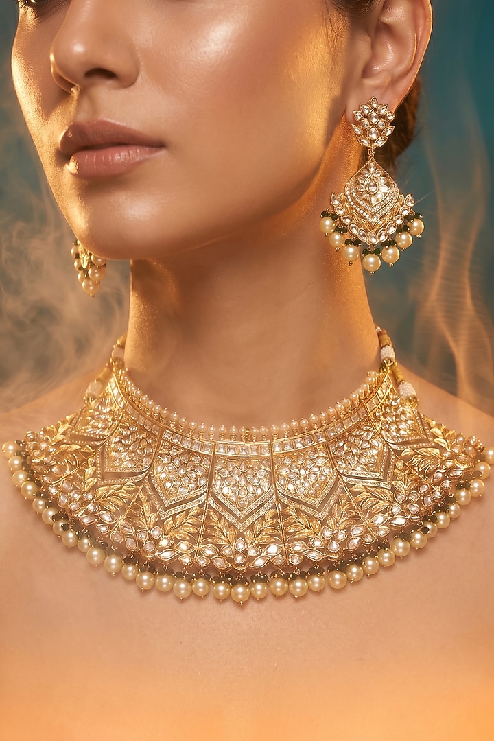 Gold Finish Kundan Polki & Pearl Necklace Set by Tussya at Pernia's Pop Up Shop