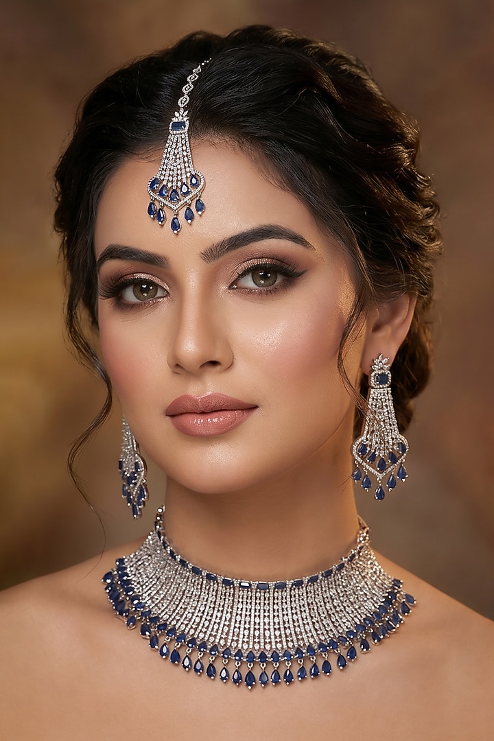 White Finish Diamond Crystal & Blue Stone Choker Necklace Set by Tussya at Pernia's Pop Up Shop