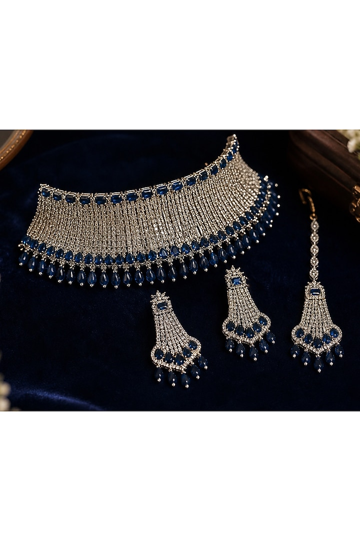 White Finish Diamond Crystal & Blue Stone Choker Necklace Set by Tussya at Pernia's Pop Up Shop