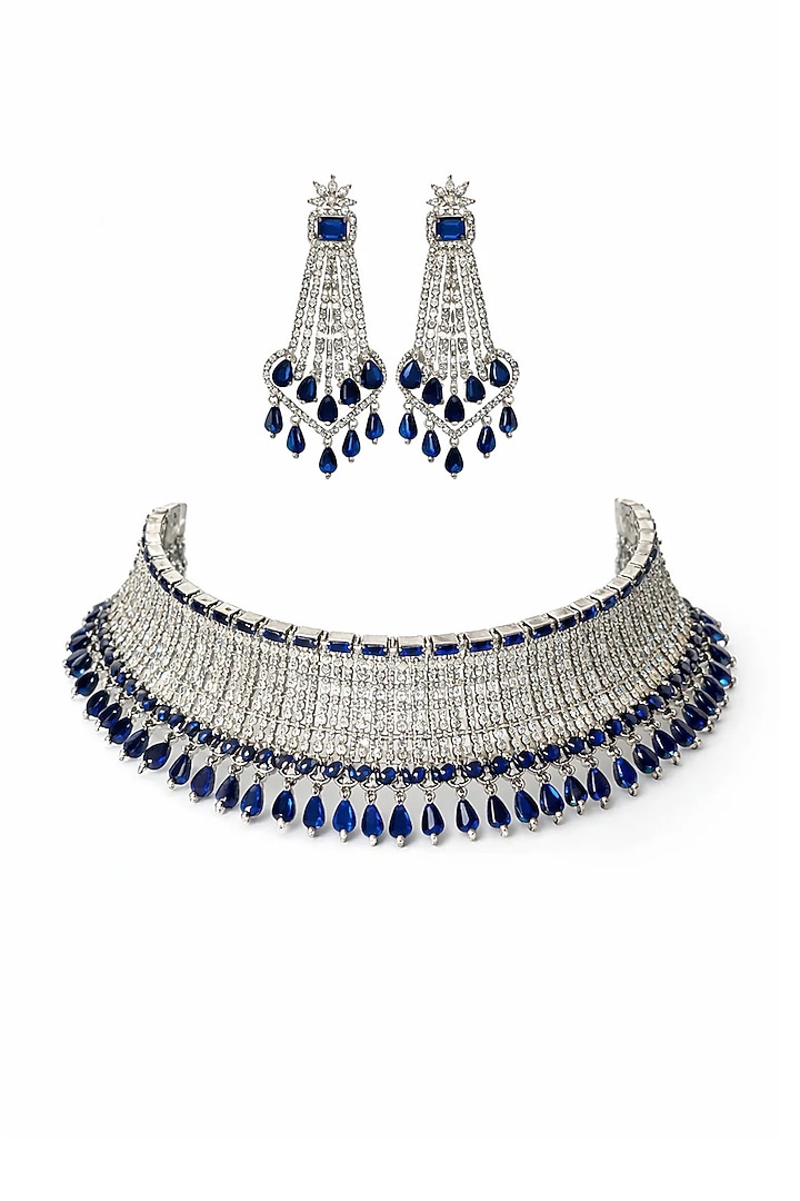 White Finish Diamond Crystal & Blue Stone Choker Necklace Set by Tussya at Pernia's Pop Up Shop