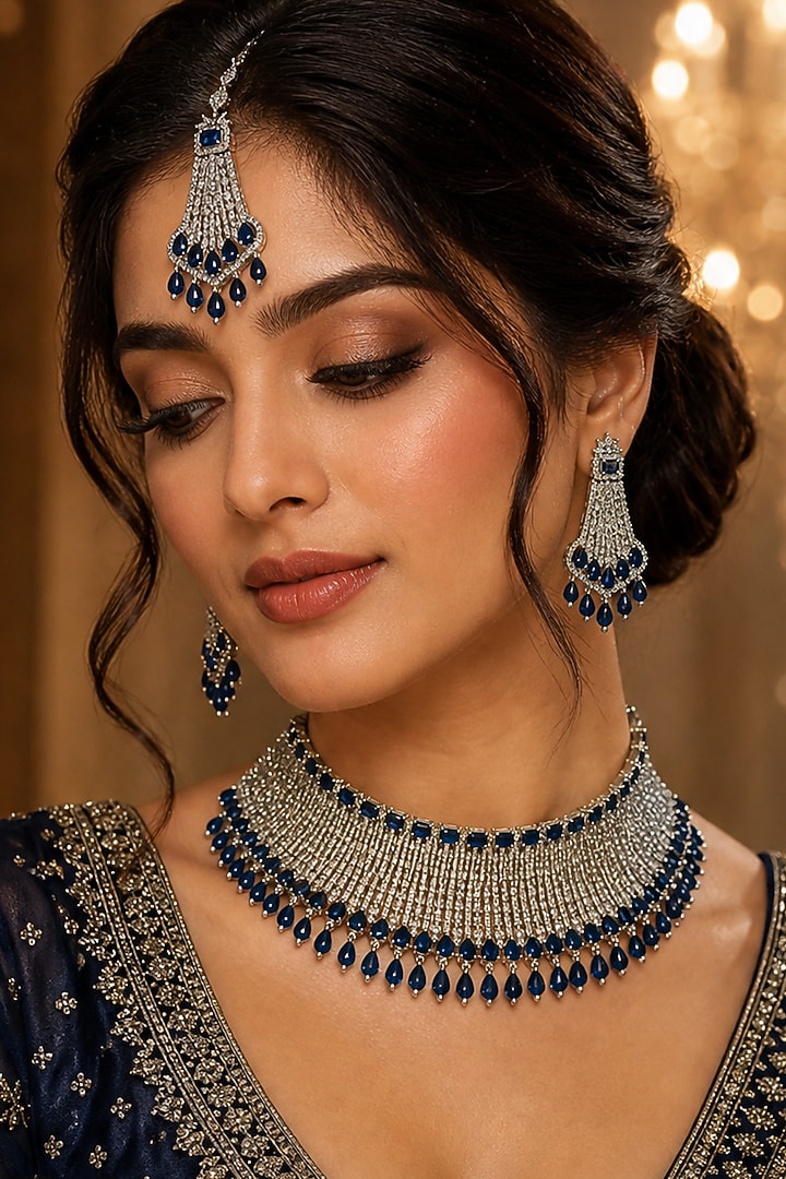 White Finish Diamond Crystal & Blue Stone Choker Necklace Set by Tussya at Pernia's Pop Up Shop