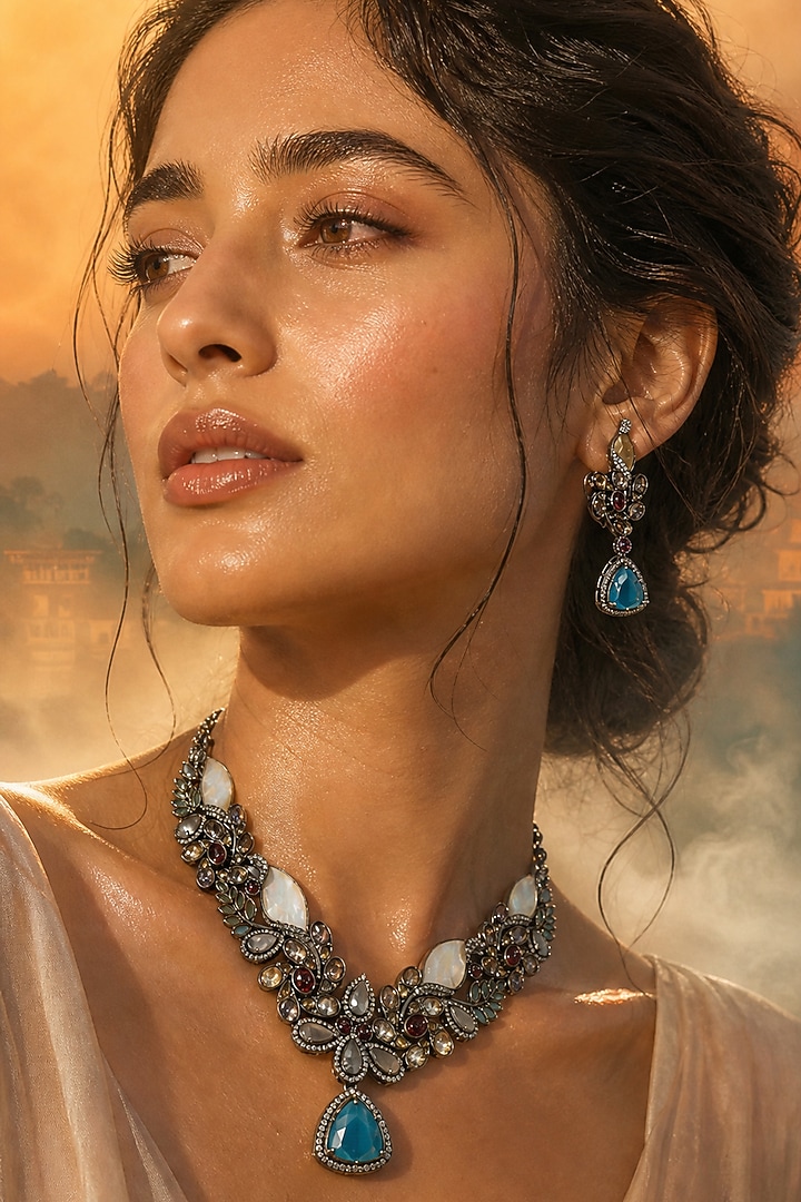 Antique Silver Finish Kundan Polki & Sapphire Stone Necklace Set by Tussya at Pernia's Pop Up Shop