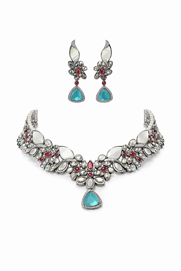 Antique Silver Finish Kundan Polki & Sapphire Stone Necklace Set by Tussya at Pernia's Pop Up Shop