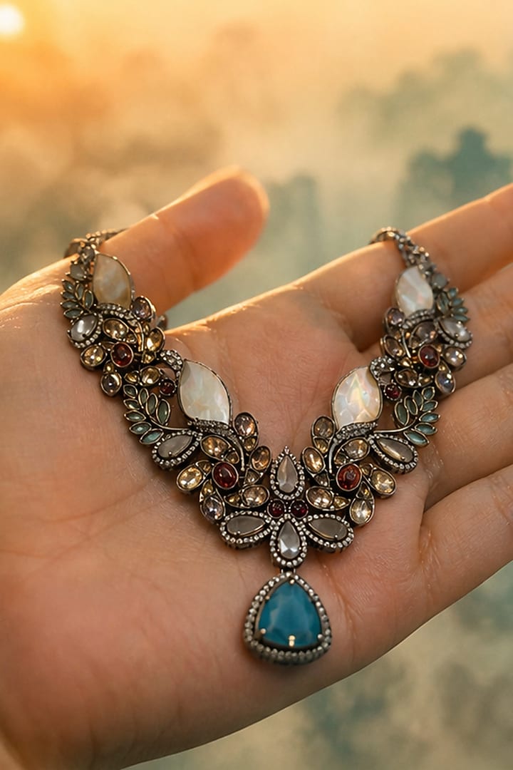 Antique Silver Finish Kundan Polki & Sapphire Stone Necklace Set by Tussya at Pernia's Pop Up Shop