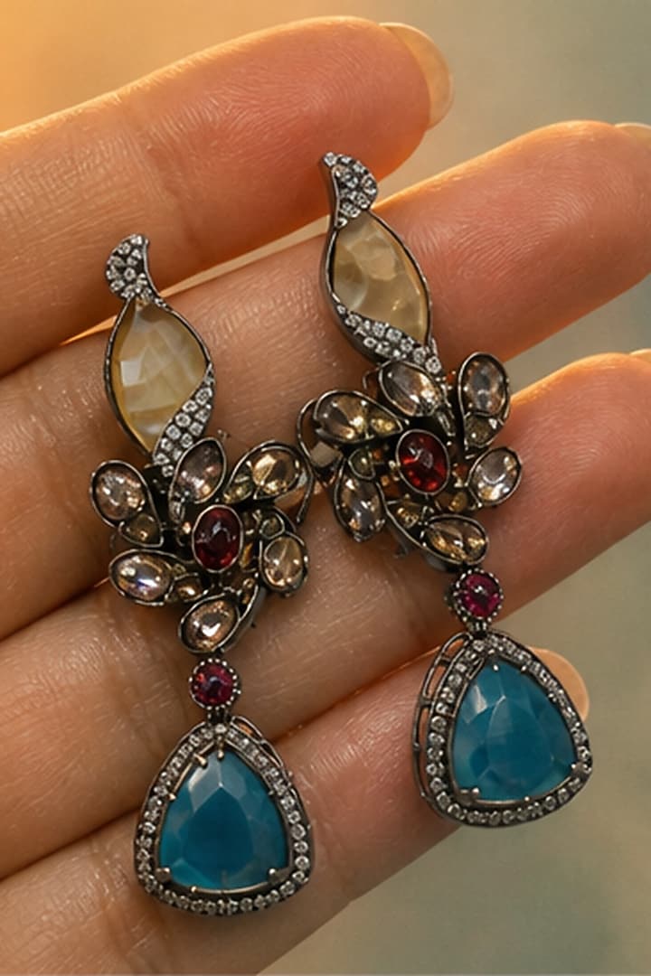 Antique Silver Finish Kundan Polki & Sapphire Stone Necklace Set by Tussya at Pernia's Pop Up Shop