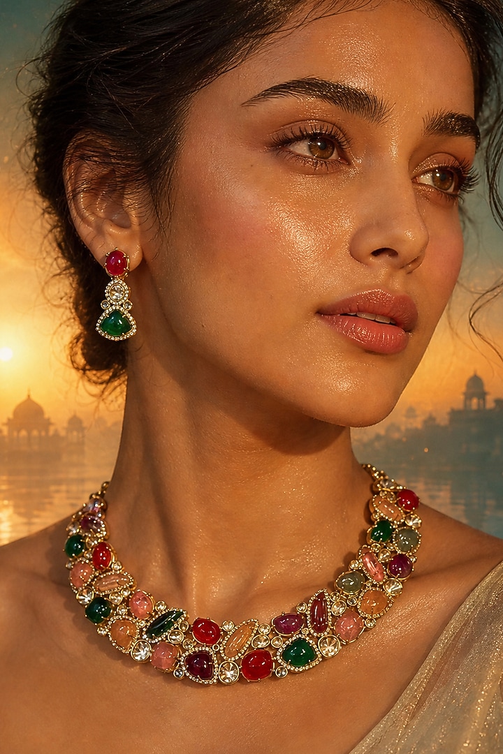 Gold Finish Kundan Polki & Multi-Colored Stone Necklace Set by Tussya at Pernia's Pop Up Shop