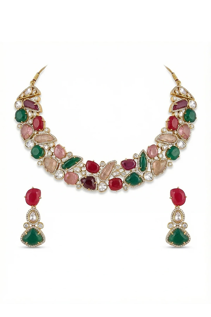 Gold Finish Kundan Polki & Multi-Colored Stone Necklace Set by Tussya at Pernia's Pop Up Shop