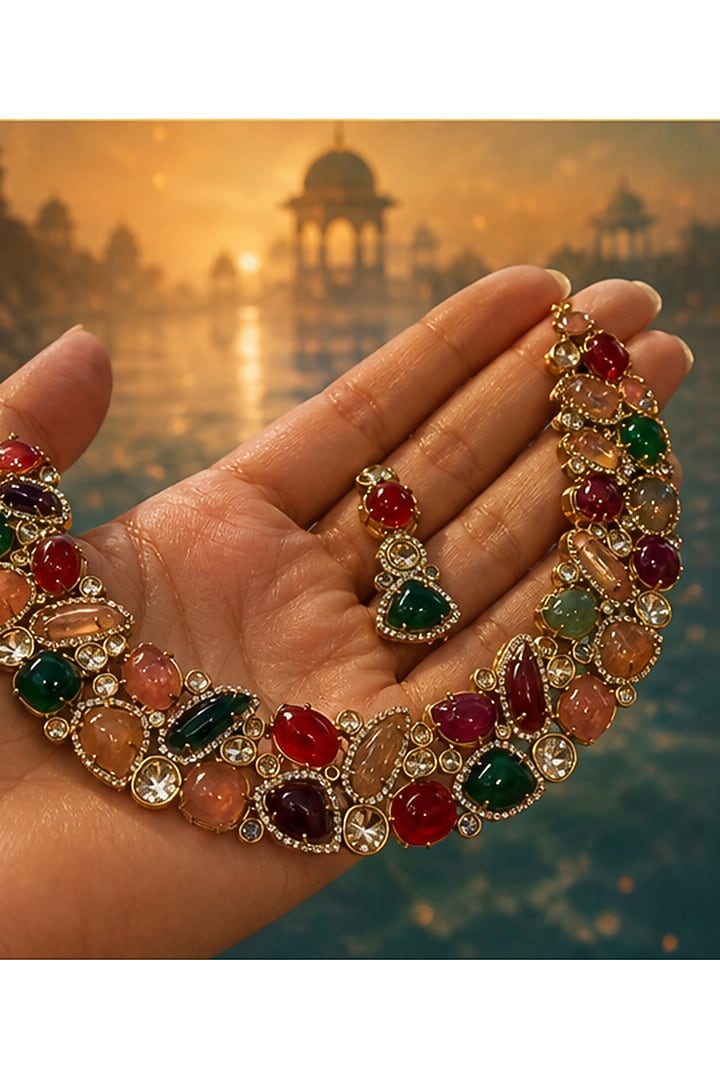 Gold Finish Kundan Polki & Multi-Colored Stone Necklace Set by Tussya at Pernia's Pop Up Shop