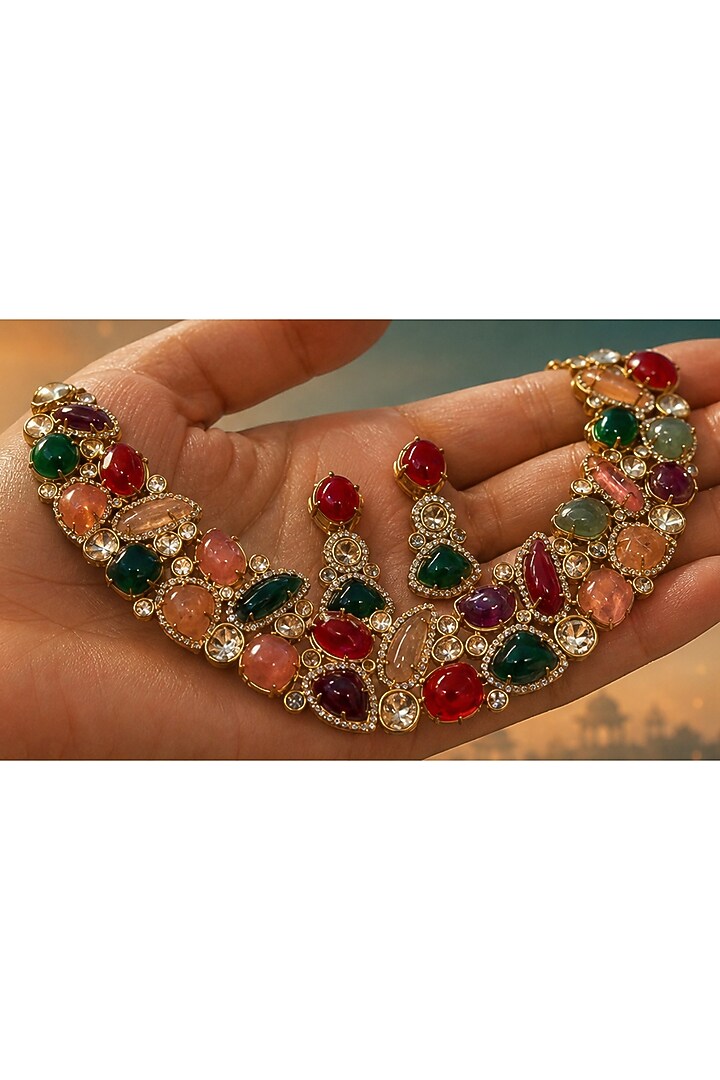 Gold Finish Kundan Polki & Multi-Colored Stone Necklace Set by Tussya at Pernia's Pop Up Shop